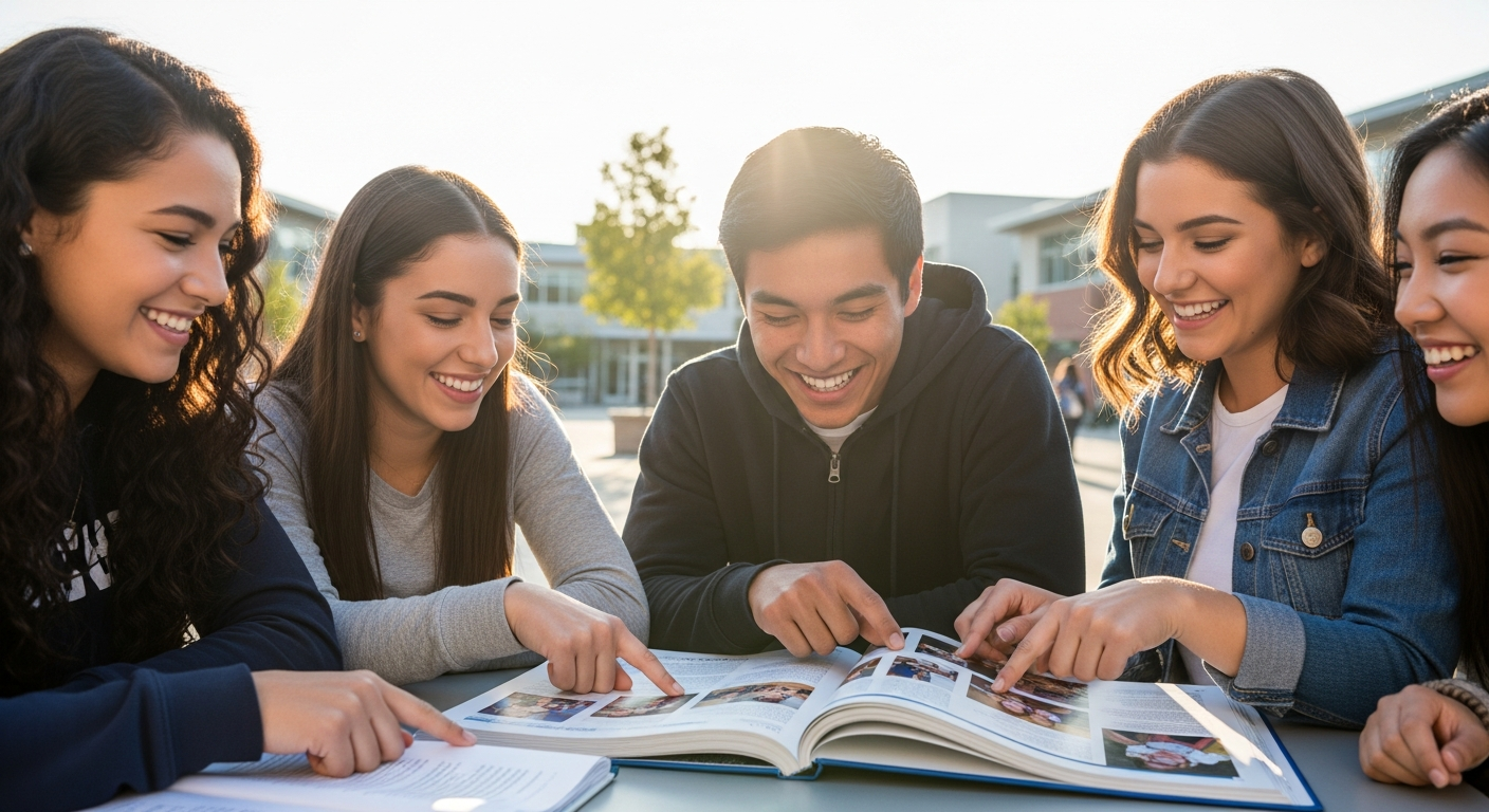 Happy students with yearbooks
