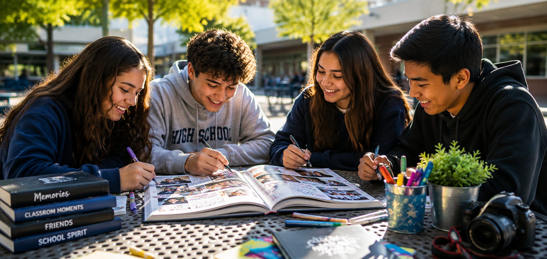 High school students with yearbooks