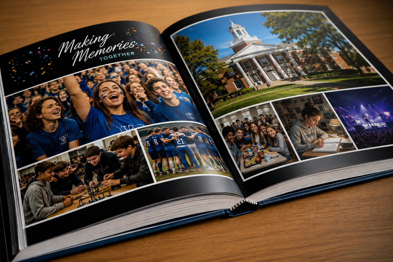 Open yearbook showing durable binding and premium finishes